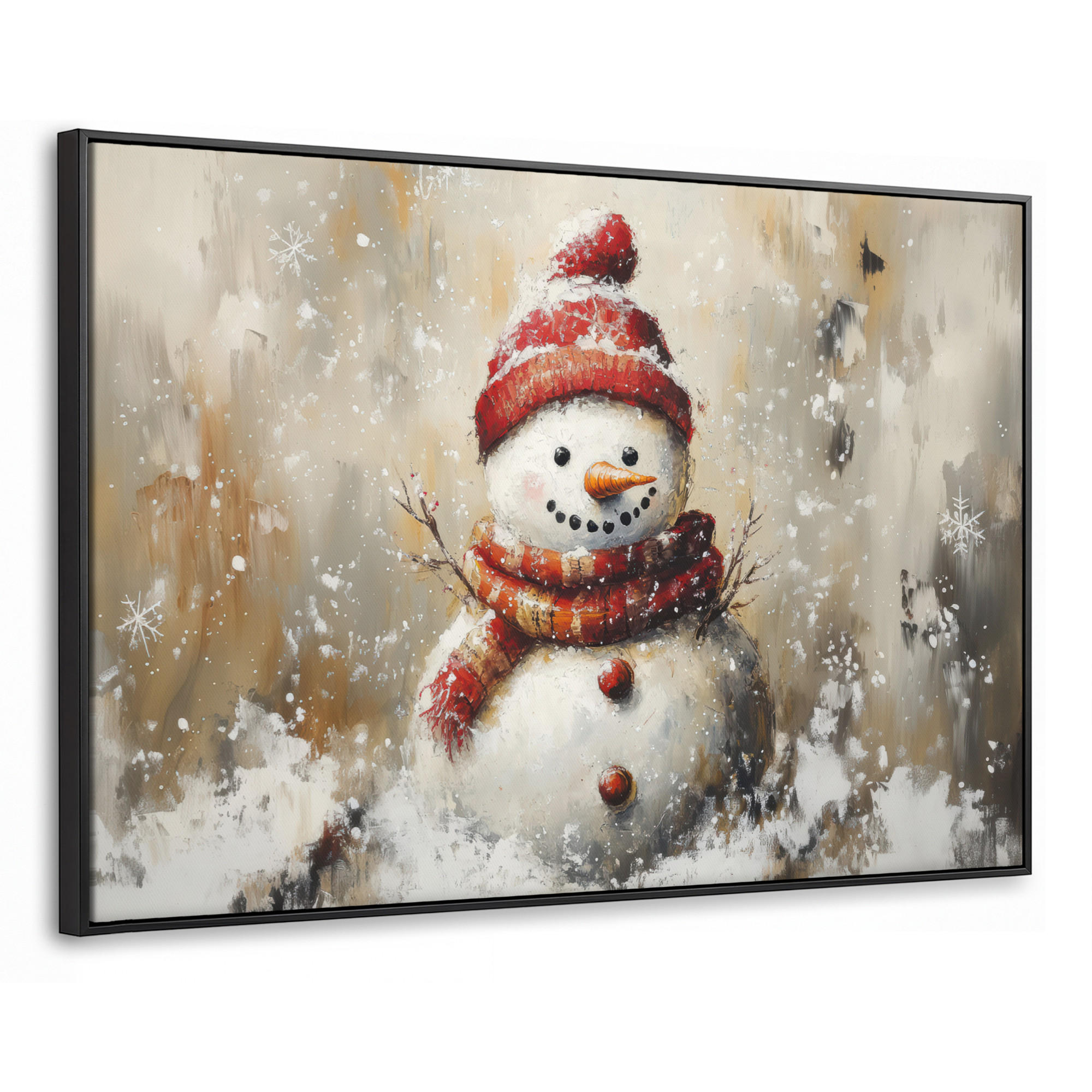 LEINWAND Bilder mit Rahmen - Schneemann - Winter - Schnee - Beige - 140x90 - Weiß, Textil (140/90cm) - MuchoWow