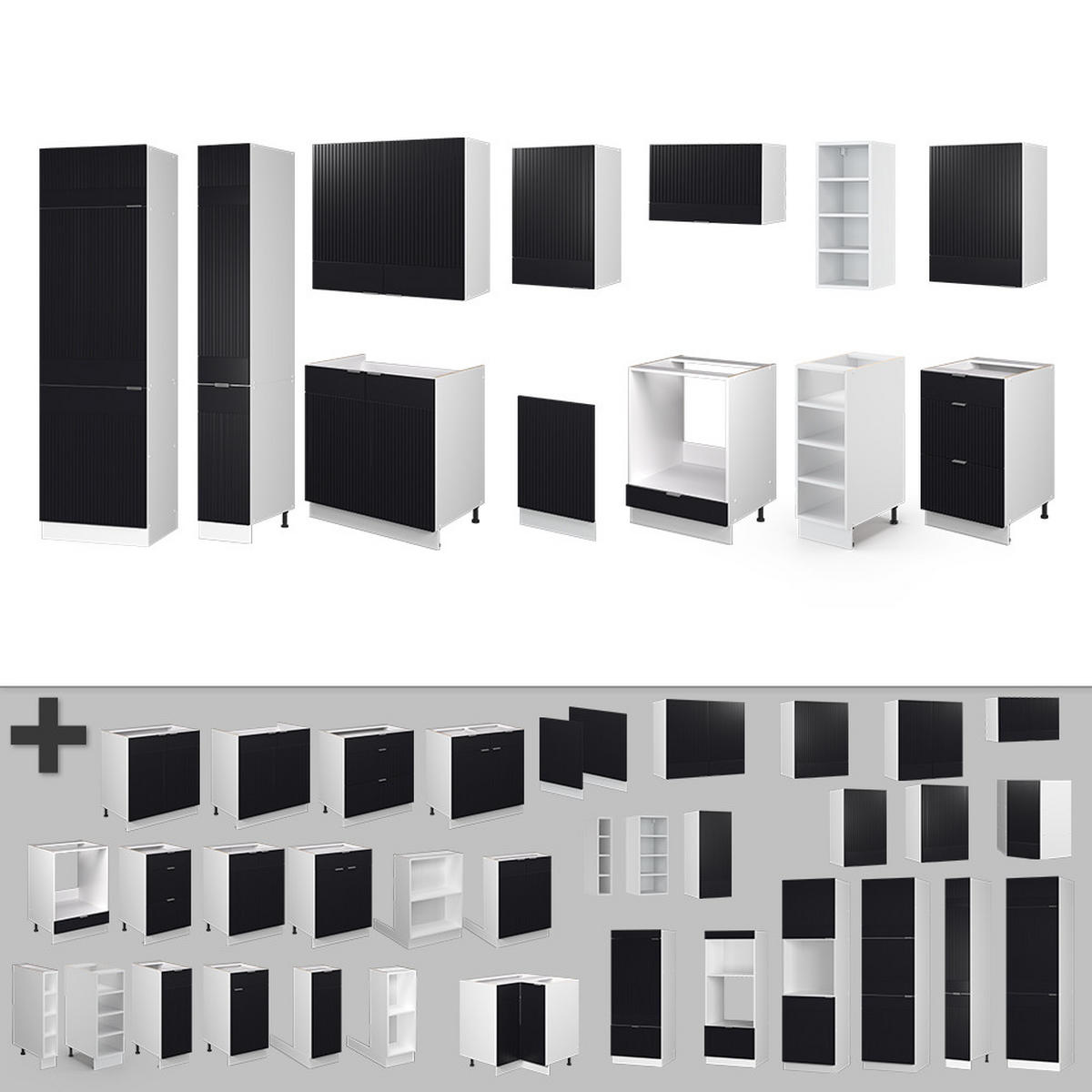 KÜCHENZEILE Fame-Line, Schwarz gestreift/Weiß, 355 cm ohne Arbeitsplatte - Schwarz/Weiß, Holzwerkstoff (355/81.6/46cm) - Vicco