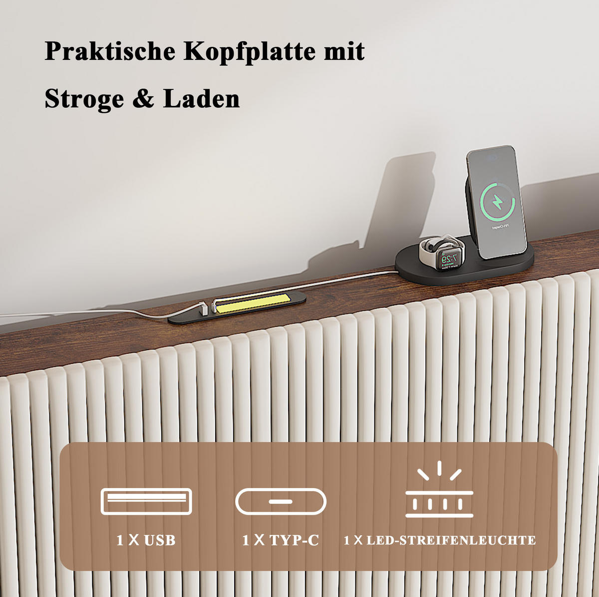 POLSTERBETT 180x200 cm in Beige und Creme mit Cord-Kopfteil und Metalllatten - Beige, Textil (180/200cm) - IVMEU