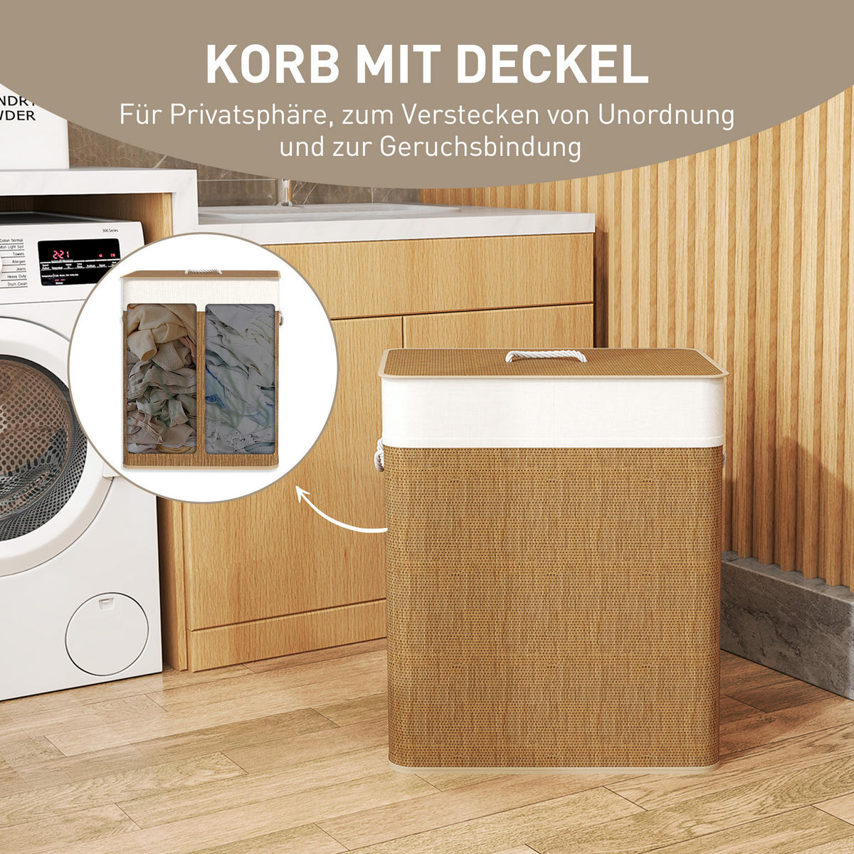 BAMBUS Wäschekorb mit Deckel 2 Fächer 100 L Braun - Braun, Naturmaterialien (52/63/32cm) - HOMCOM