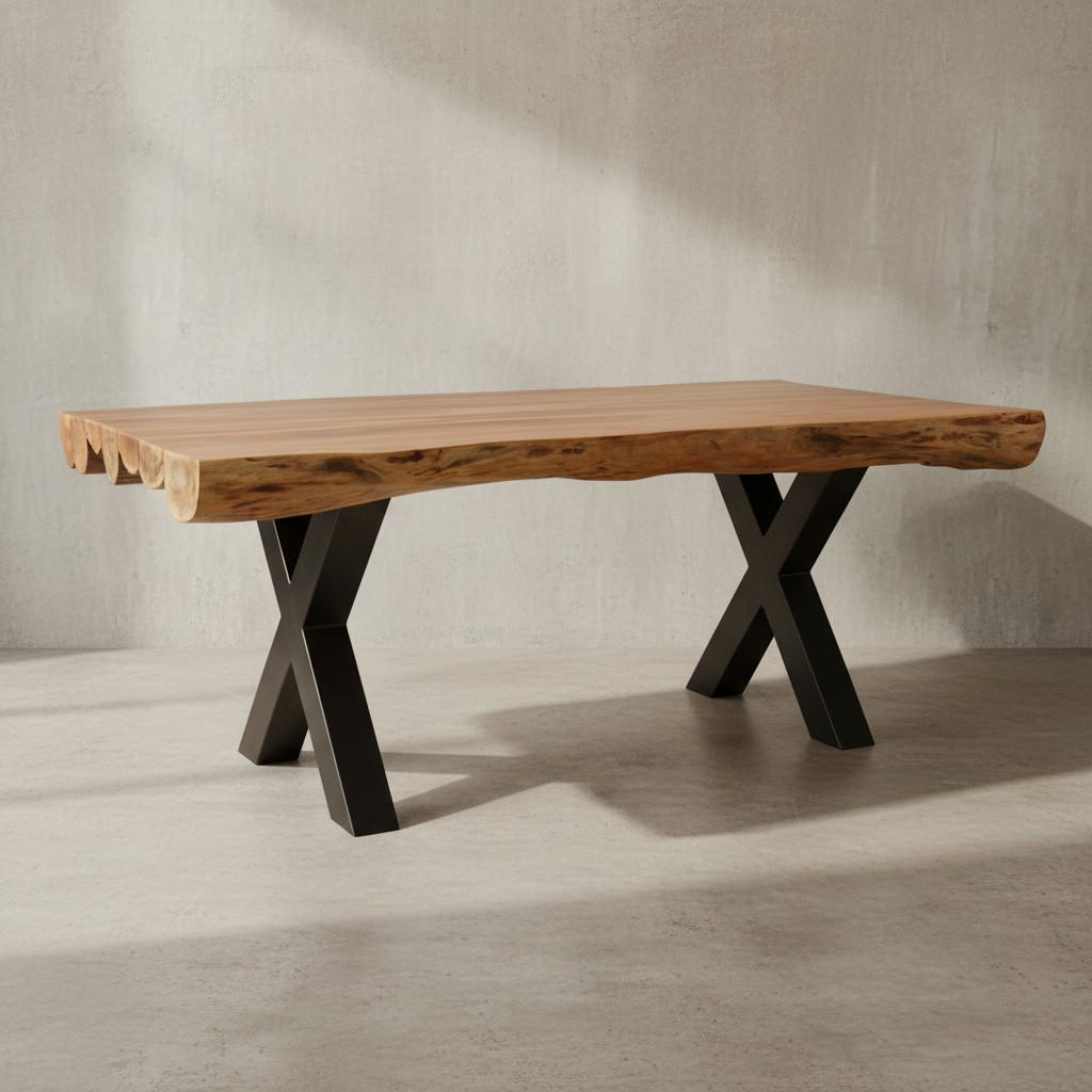 ESSZIMMERTISCH – Akazie Massivholz 200x100x77 cm X-Gestell Natur Schwarz - Beige/Schwarz, Holz/Metall (200/100/77cm) - KADIMA DESIGN