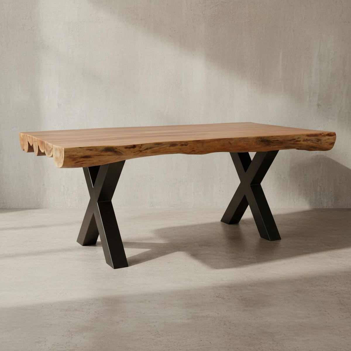ESSZIMMERTISCH – Akazie Massivholz 200x100x77 cm X-Gestell Natur Schwarz - Beige/Schwarz, Holz/Metall (200/100/77cm) - KADIMA DESIGN