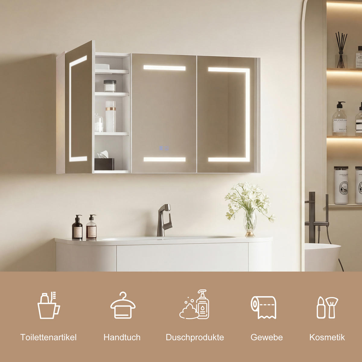 SPIEGELSCHRANK 100 cm LED, Antibeschlag, USB & Papierschlitz - Weiß, Glas (13.5/60/100cm) - SHOPENTRA