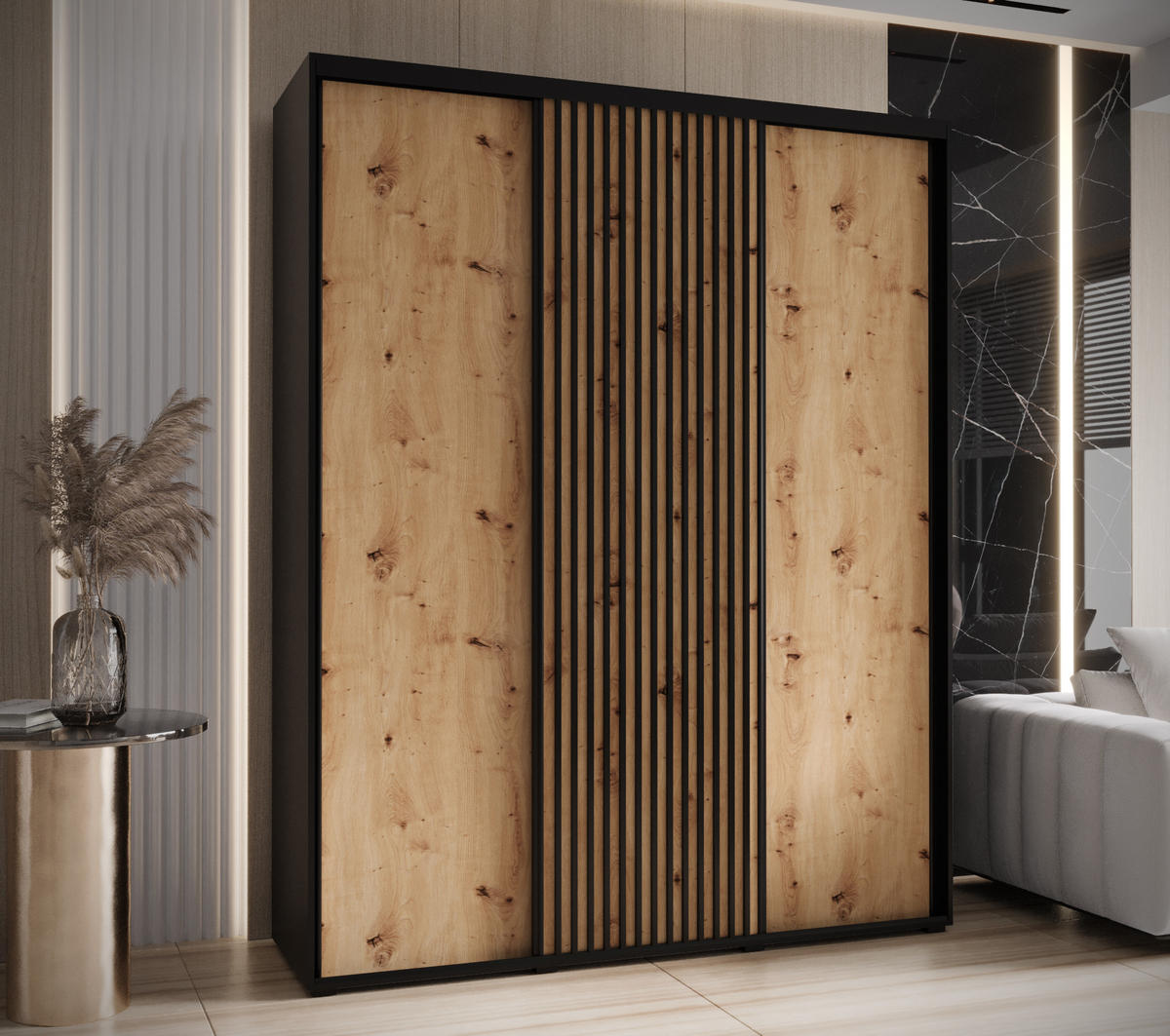 SCHWEBETÜRENSCHRANK 235,2/200/45 3-türig - Schwarz/Eiche Artisan, Holz/Metall (200/235/45cm) - Abiks Möbel