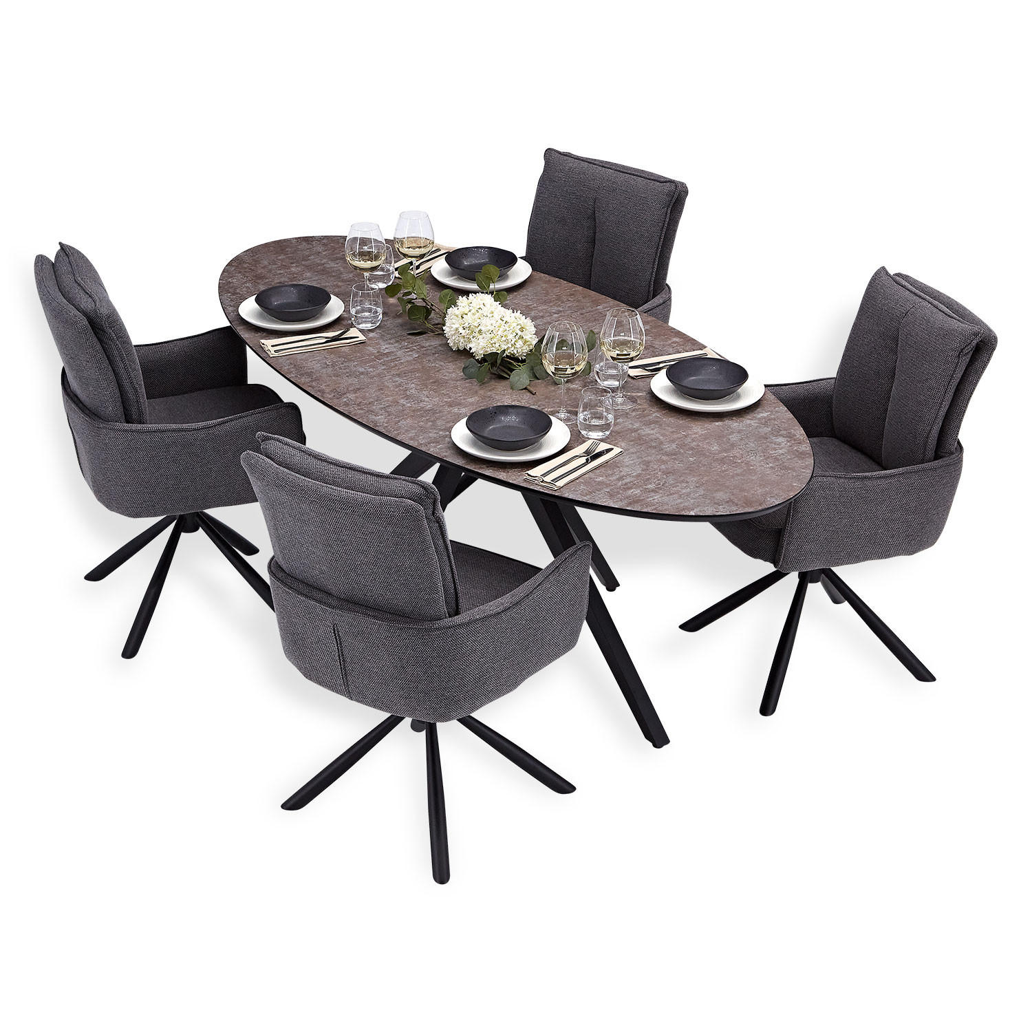 TISCHGRUPPE oval braun schwarz mit 4 Stühle Anthrazit - Anthrazit/Braun, Metall (95/94/200cm) - Homestyle4u