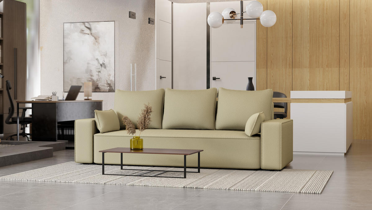 SOFA Vens mit Bettkasten und Schlaffunktion, Cordstoff - Beige, Holzwerkstoff (242/85/95cm)