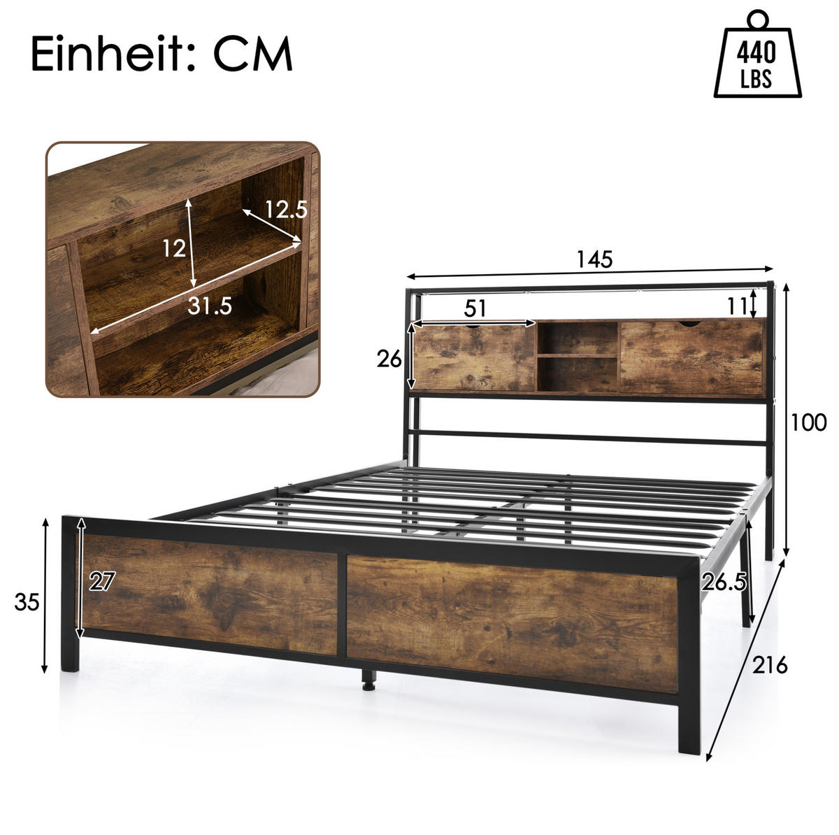 METALLBETT 140/200 cm mit Stauraum-Kopfteil und Lattenrost – Metall & Holz - Naturfarben, Metall (140/200cm) - BEAOK