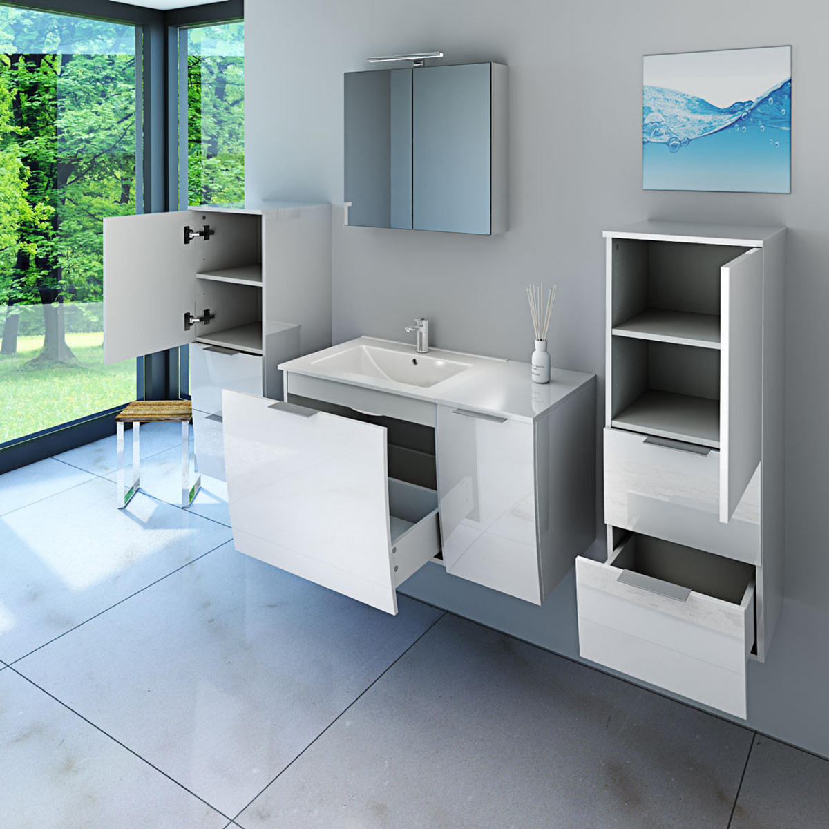 BADMÖBEL Set Gently 1 V3 Weiß MDF Waschtisch 90cm mit 5W LED-Strahler - Weiß, Glas/Kunststoff (46/52/90cm) - AcquaVapore by Sandra Jentho