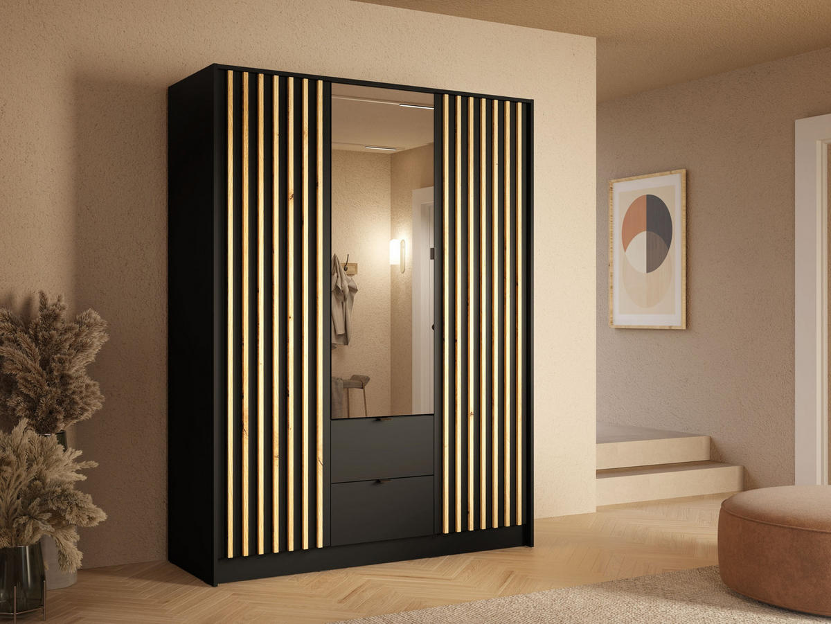 KLEIDERSCHRANK Onyx Schwarz 151/201/55 - Schwarz, Holzwerkstoff (151/201/55cm) - RAUMHIRSCH FURNITURE