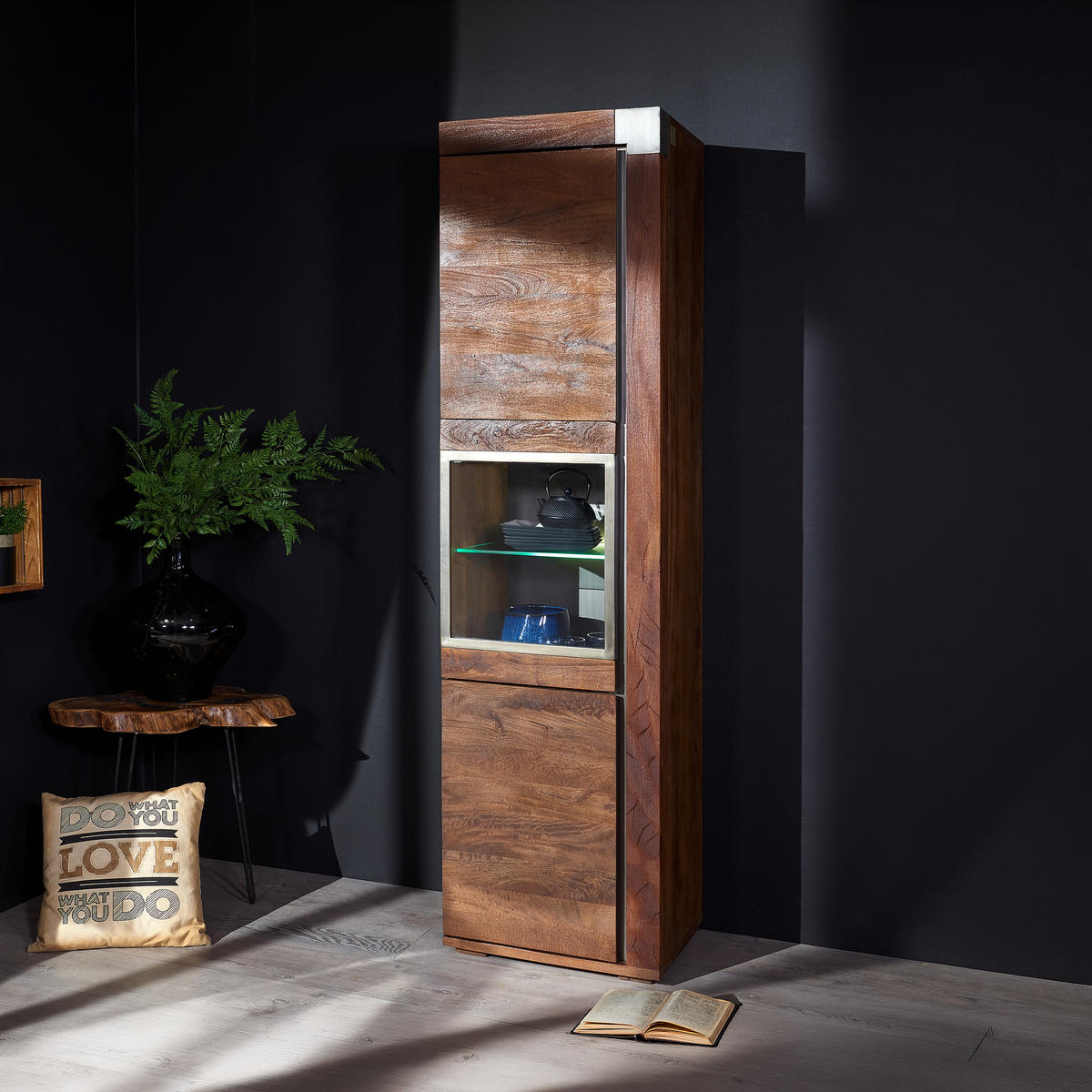VITRINE Mango 55x45x204 braun lackiert Amsterdam #20 - Braun, Holz (55/204/45cm) - Massivmoebel24