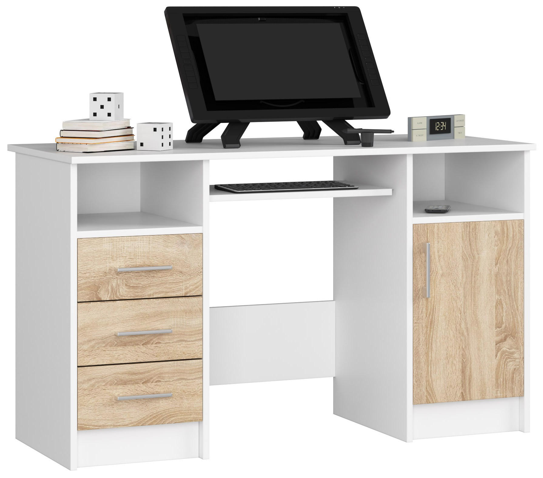 SCHREIBTISCH Weiß, Sonoma Eiche 124x52x74 cm - Silberfarben/Weiß, Holzwerkstoff/Kunststoff (52/124/74cm) - Akord