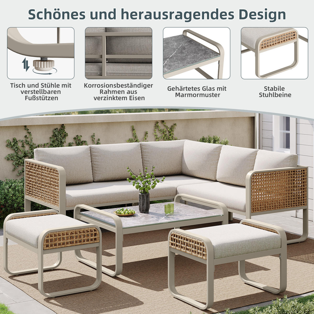 LOUNGESET 6-7 Personen Beige Rattan Mit Verstellbaren Füßen - Beige, Metall - FLIEKS
