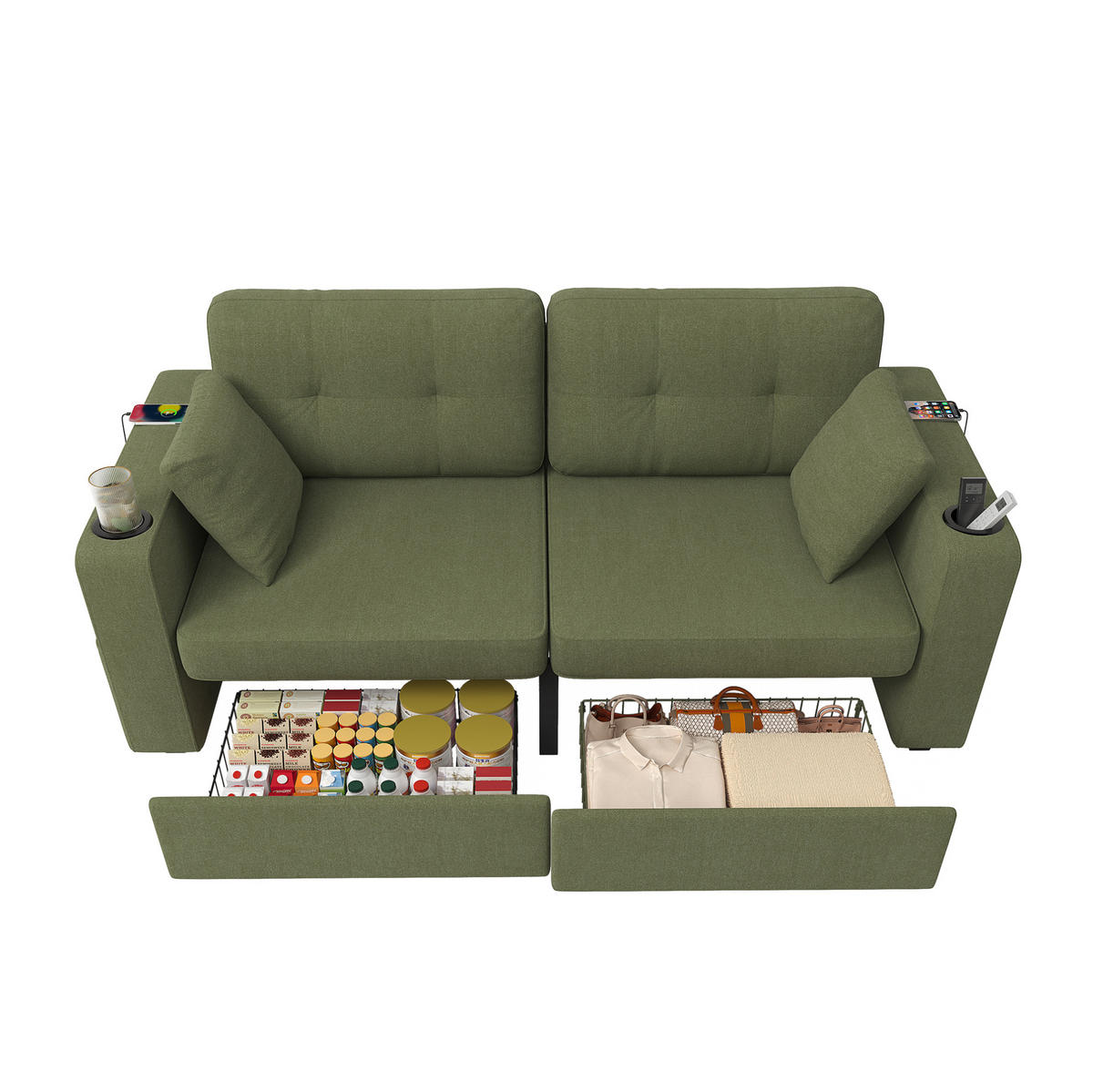 2-SITZER Sofa aus Chenille 172x75x82 cm in Olive mit USB-Anschlüssen & Stauraum - Grün, Textil (75/82/172cm) - Modfu