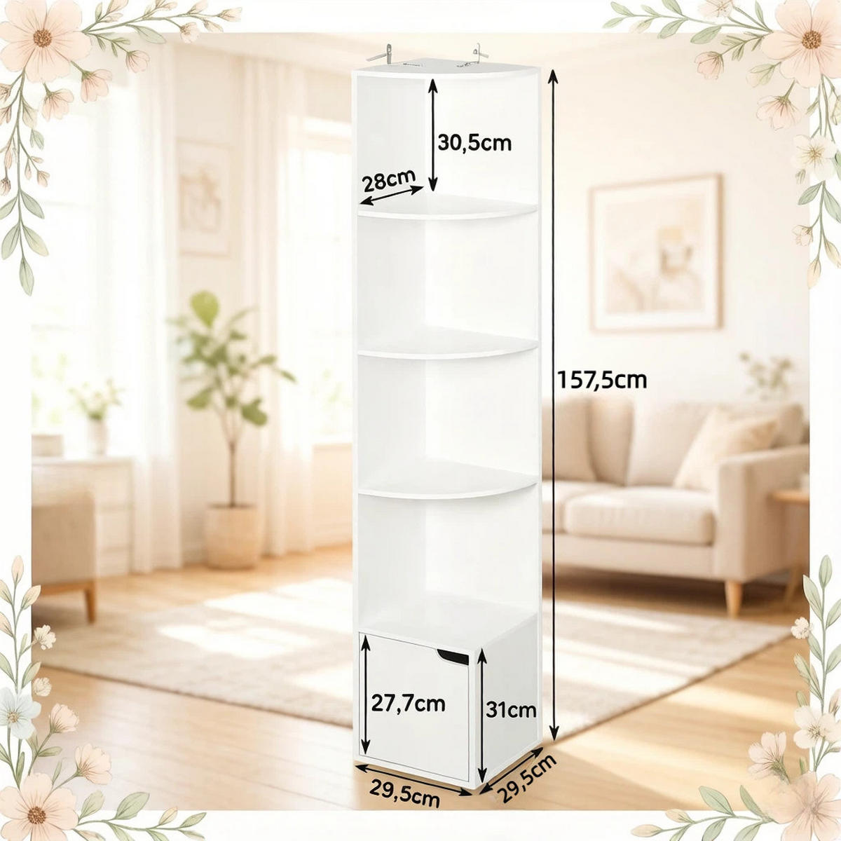 BÜCHERREGAL Weiß 5 offene Fächer und 1 Tür 29,5/29,5/157,5 cm - Weiß, Holz (29.5/157.5/29.5cm) - PANGIVO