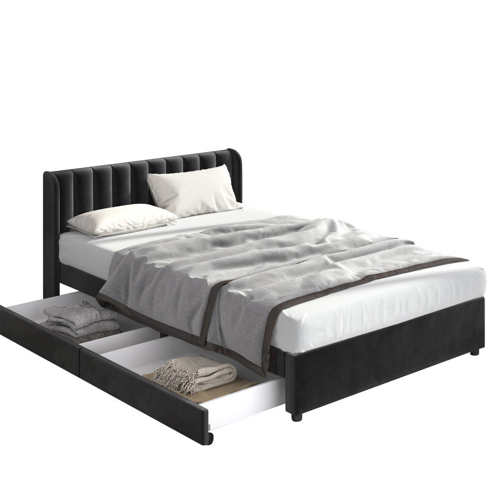 POLSTERBETT mit Schubladen Samt 140x200cm Schwarz Inklusive Lattenrost - Schwarz, Textil - Raelunyi