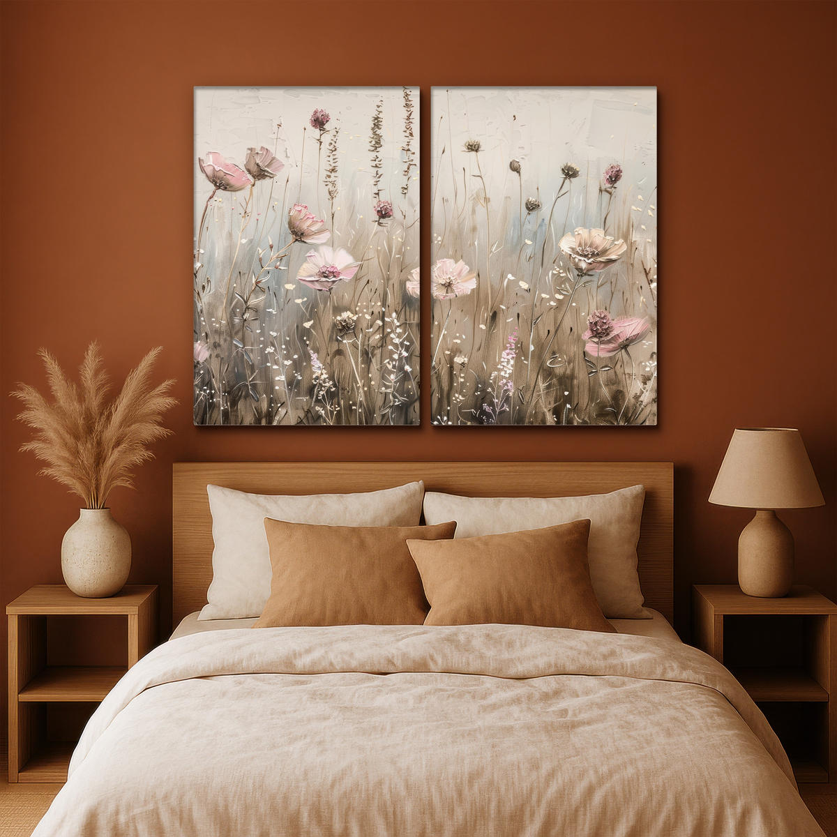 LEINWANDBILD 2er Set Blumen - Beige - Modern - Rosa 160x120 cm - Ecru, Textil (160/120cm) - MuchoWow