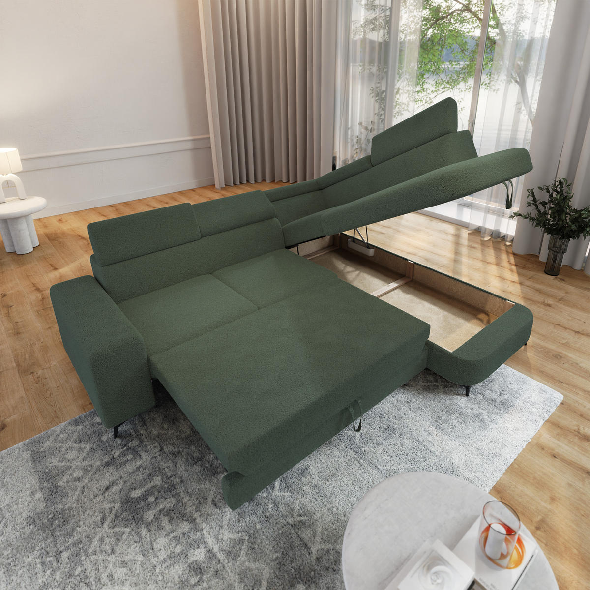 ECKSOFA ALVORO R-S Grün Boucle-Stoff mit Schlaffunktion - Grün, Holz (253/190cm) - MASSENO