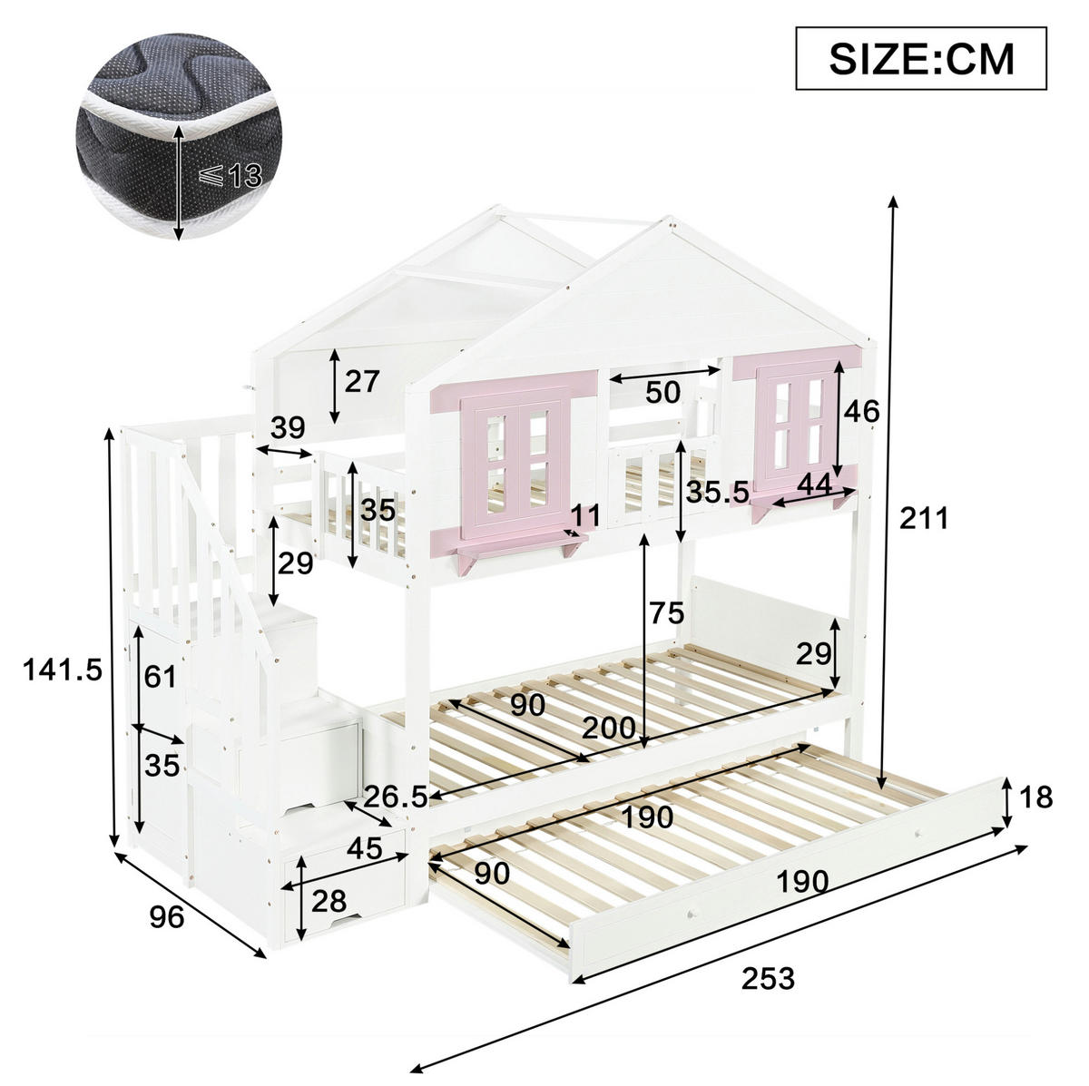 ETAGENBETT aus Kiefer und MDF 90x200 cm Weiß+Rosa mit Rollbett, Treppenaufbewahrung und Kleiderbereich - Weiß, Holz (90/200cm) - Modfu