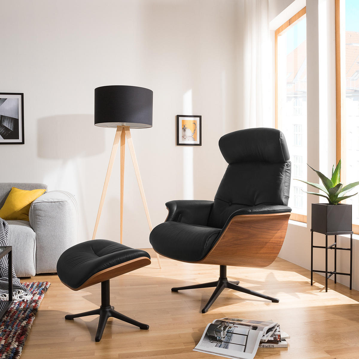 SESSEL - manuell verstellbar - Schwarz, Leder/Holz (83/110/88cm) - home24
