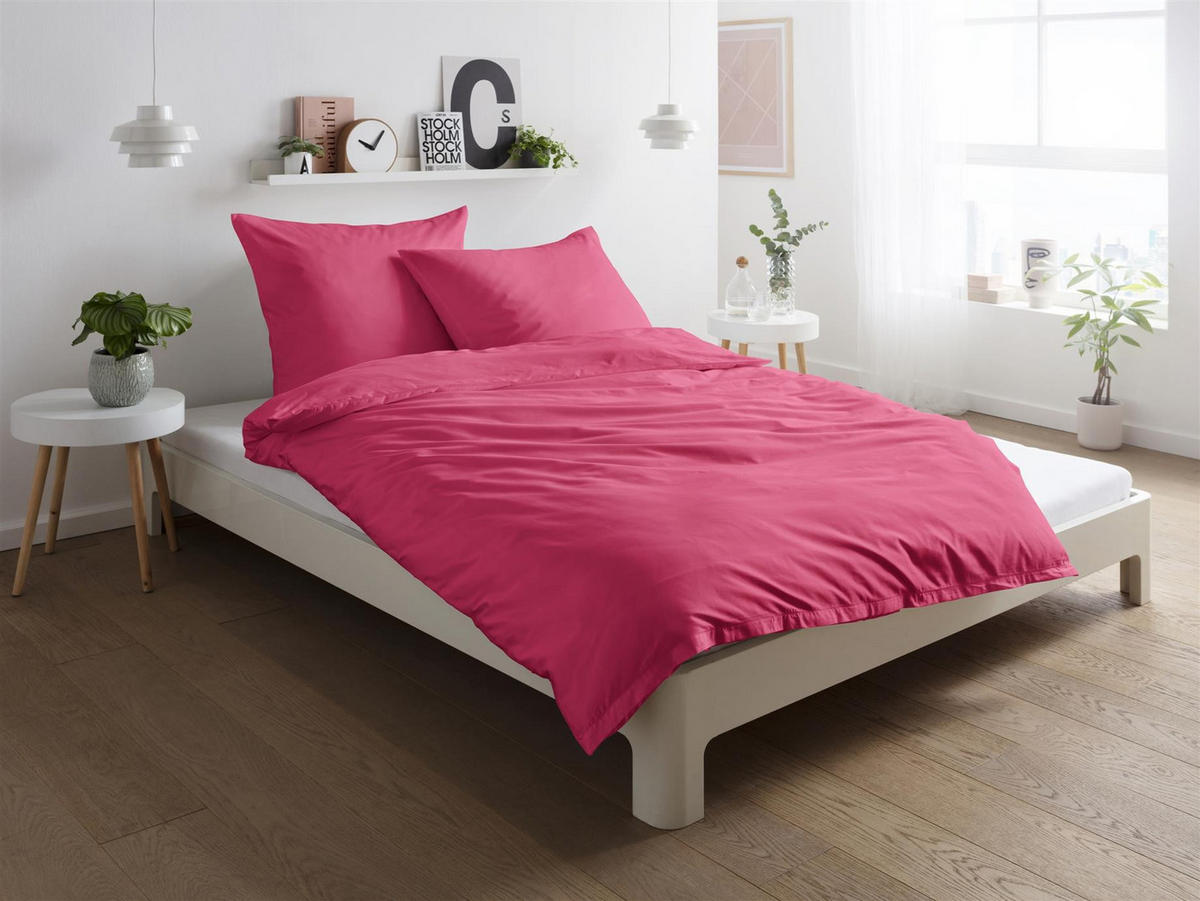 MAKO-SATIN-BETTWÄSCHE 155x220 Bettbezug einfarbig 100% Baumwolle - Uni Himbeere - Hellrot, Textil (155/220cm) - Carpe Sonno