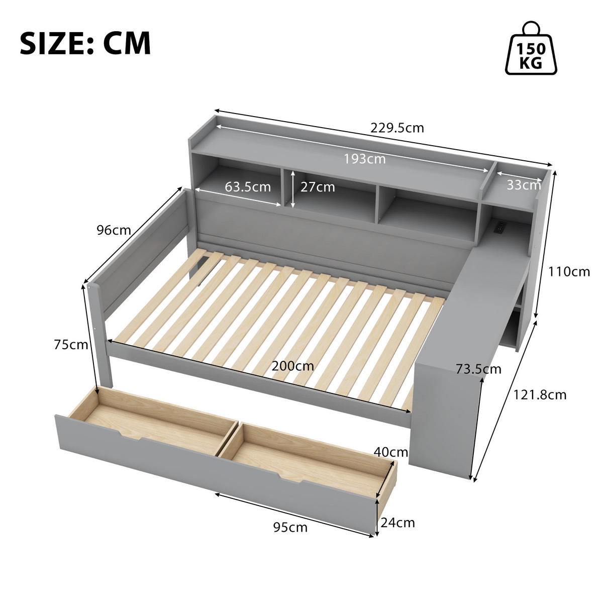 MULTIFUNKTIONSBETT 90/200 cm mit Nachttischablage Schreibtisch und USB-Anschluss Grau - Grau, Holzwerkstoff (90/200cm) - OKWISH