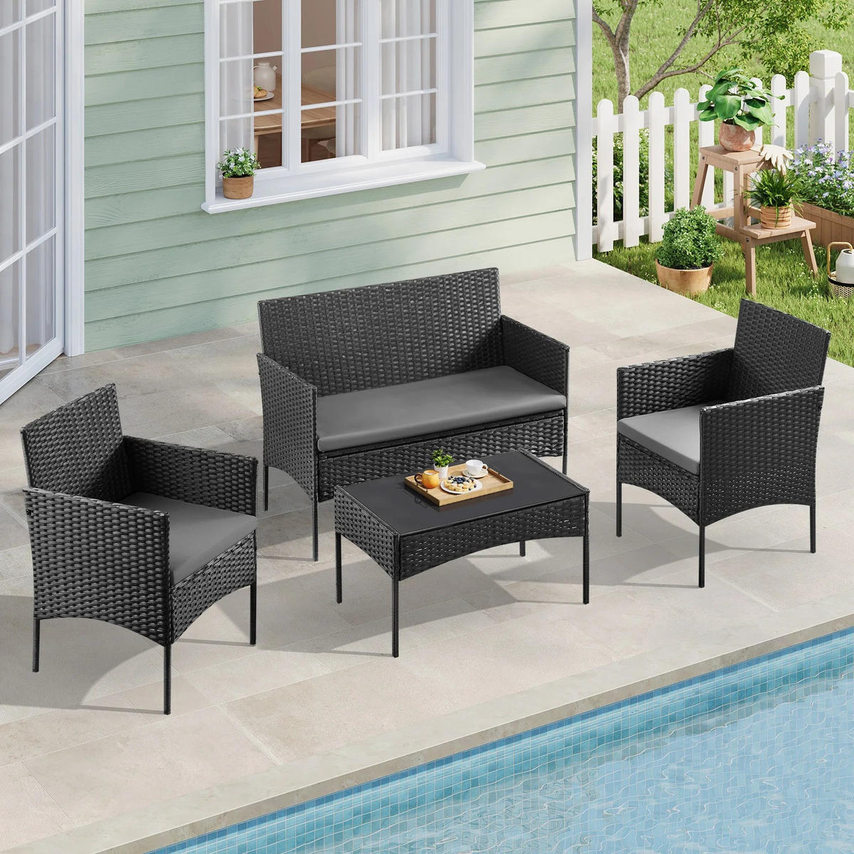 GARTEN LOUNGESET RattanStyle Schwarz 4-teilig mit Kissen - Schwarz, Metall - Kaket
