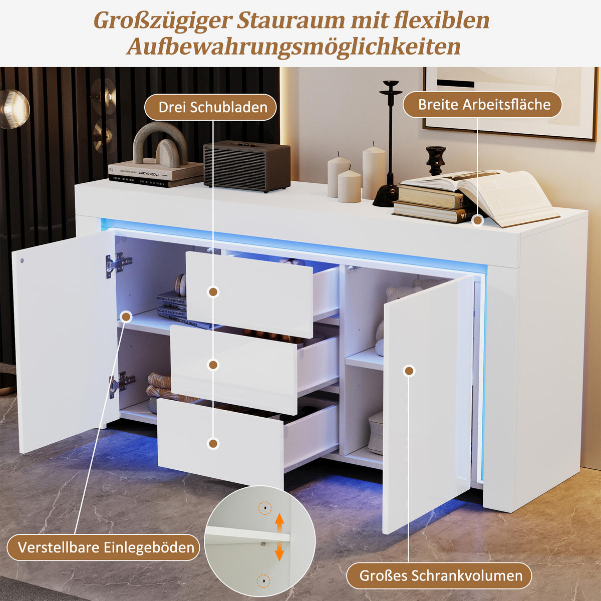 SIDEBOARD 140 cm 2 Türen, 3 Schubladen, LED-Beleuchtung, Hochglanz, Weiß & Schwarz Verstellbare Einlegeböden - Weiß Hochglanz, Holzwerkstoff (140/65/40cm) - Urban Meuble