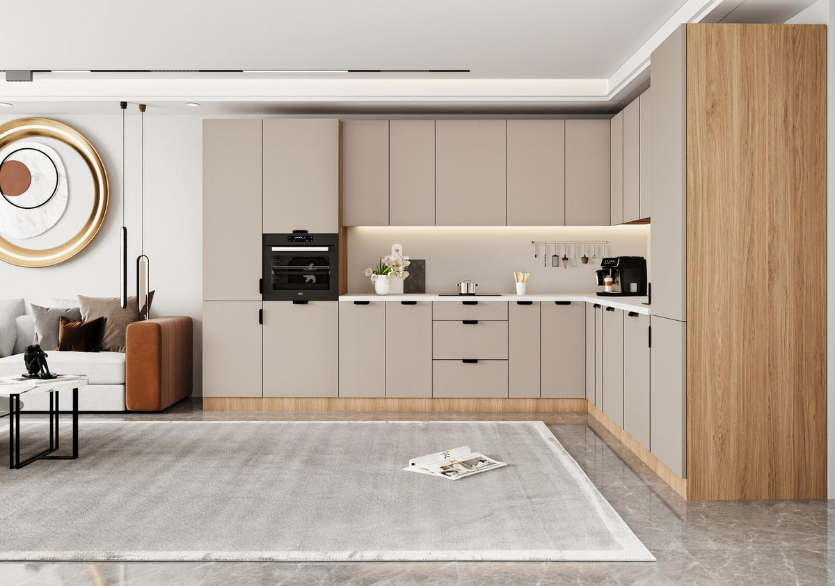 WINKELKÜCHE 345 x 285 cm - Sorento KS12-M345 - in Beige / Sonoma Eiche - Beige/Schwarz, Holz/Metall (630/247/58cm)