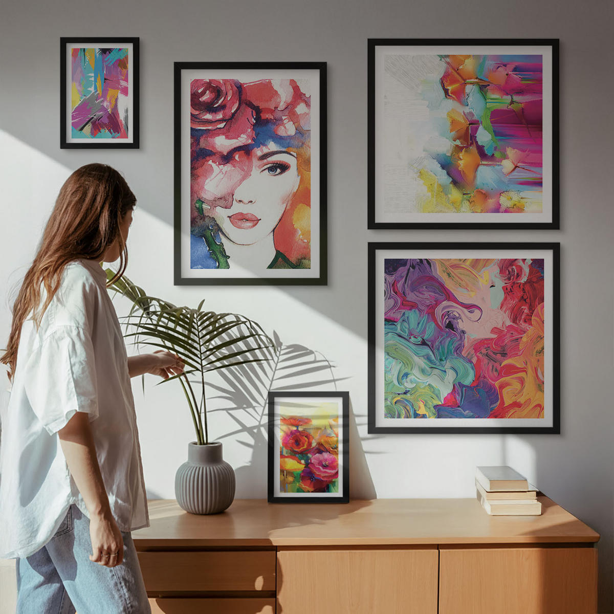 BILDER SET 5er Set - 50x50 cm & 20x30 cm & 40x60 cm Schwarzer Rahmen - Farbenfrohe Abstraktionen der Form - Schwarz, Kunststoff (40/60cm) - TULUP