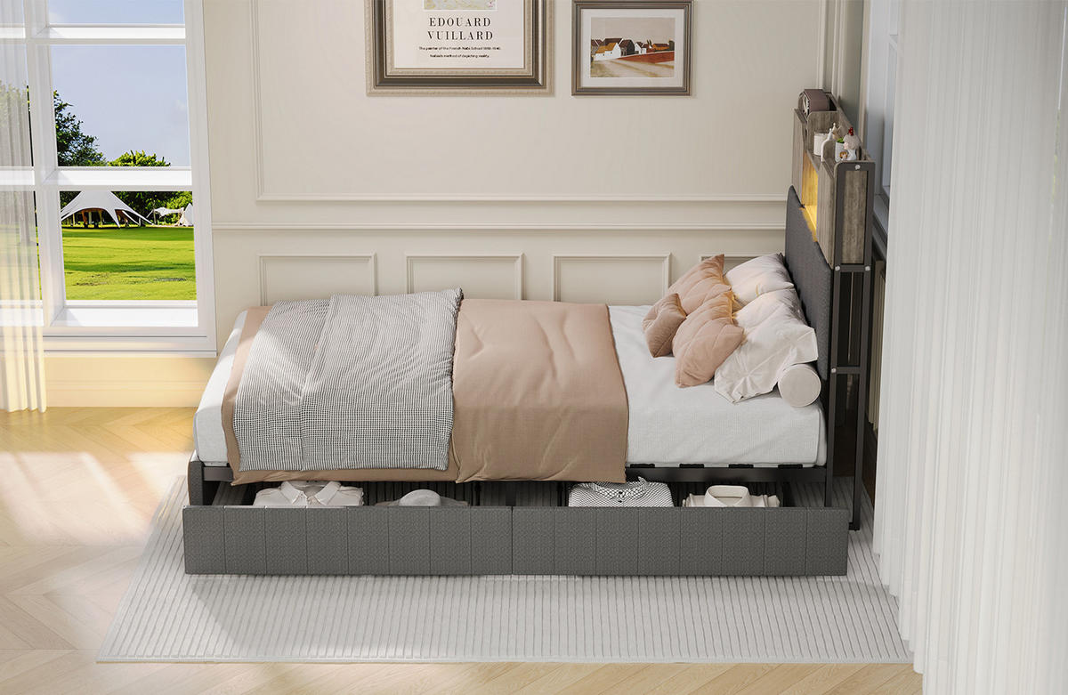 POLSTERBETT 90x200 cm mit LED und USB, Einzelbett mit Lattenrost und Kopfteil, 2 Schubladen, Bett 90x200, Leinenstoff, Grau - Grau, Holzwerkstoff/Textil (90/200cm) - GENKI LIVING