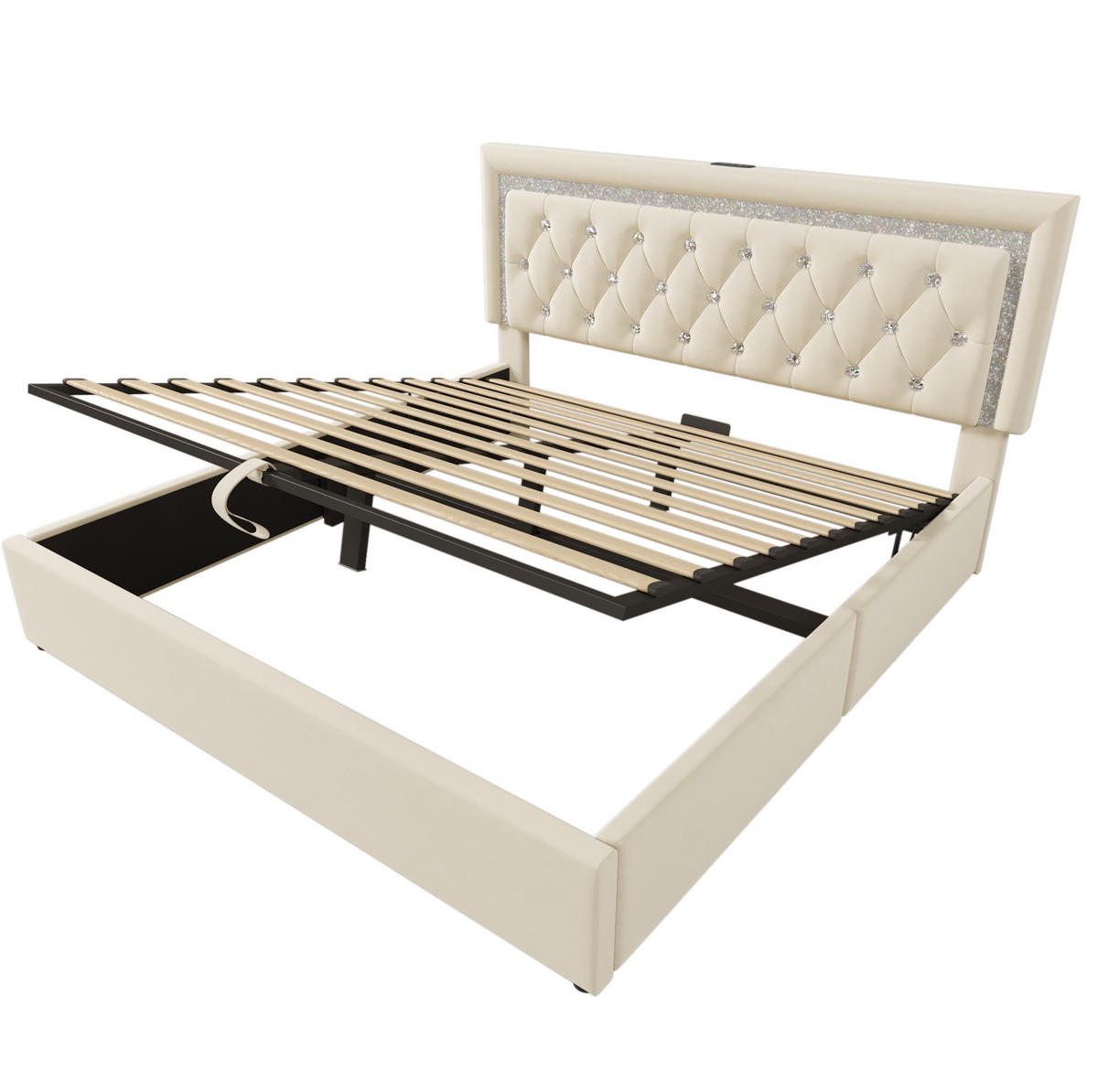 POLSTERBETT 160/200 cm mit LED-Beleuchtung, USB-Type-C und hydraulischem Bettkasten, Samt mit Rautensteppung, Beige - Beige, Textil (160/200cm) - Redom
