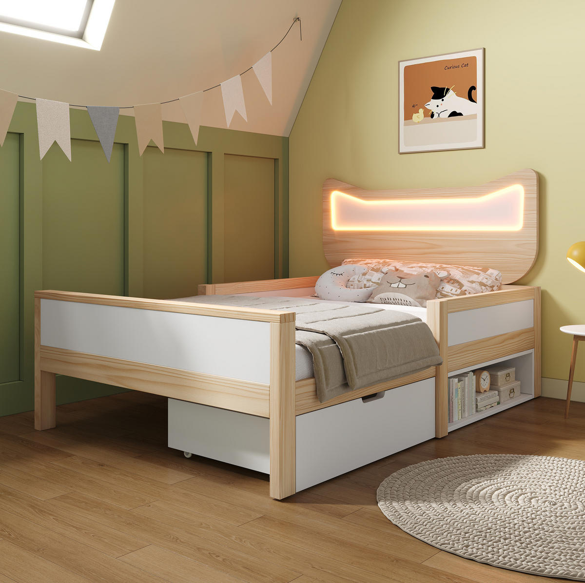 KINDERBETT 90/200 cm weiß/eiche aus Holz mit LED-Katzenkopfteil und Stauraum - Eichefarben, Holzwerkstoff (90/200cm) - OKWISH