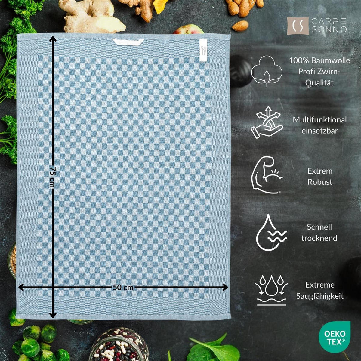 GESCHIRRTÜCHER 50x70 cm im 10er Set aus 100% Baumwolle, Zwirn-Qualität Grubentücher Petrol - Petrol, Textil (50/70cm) - Carpe Sonno