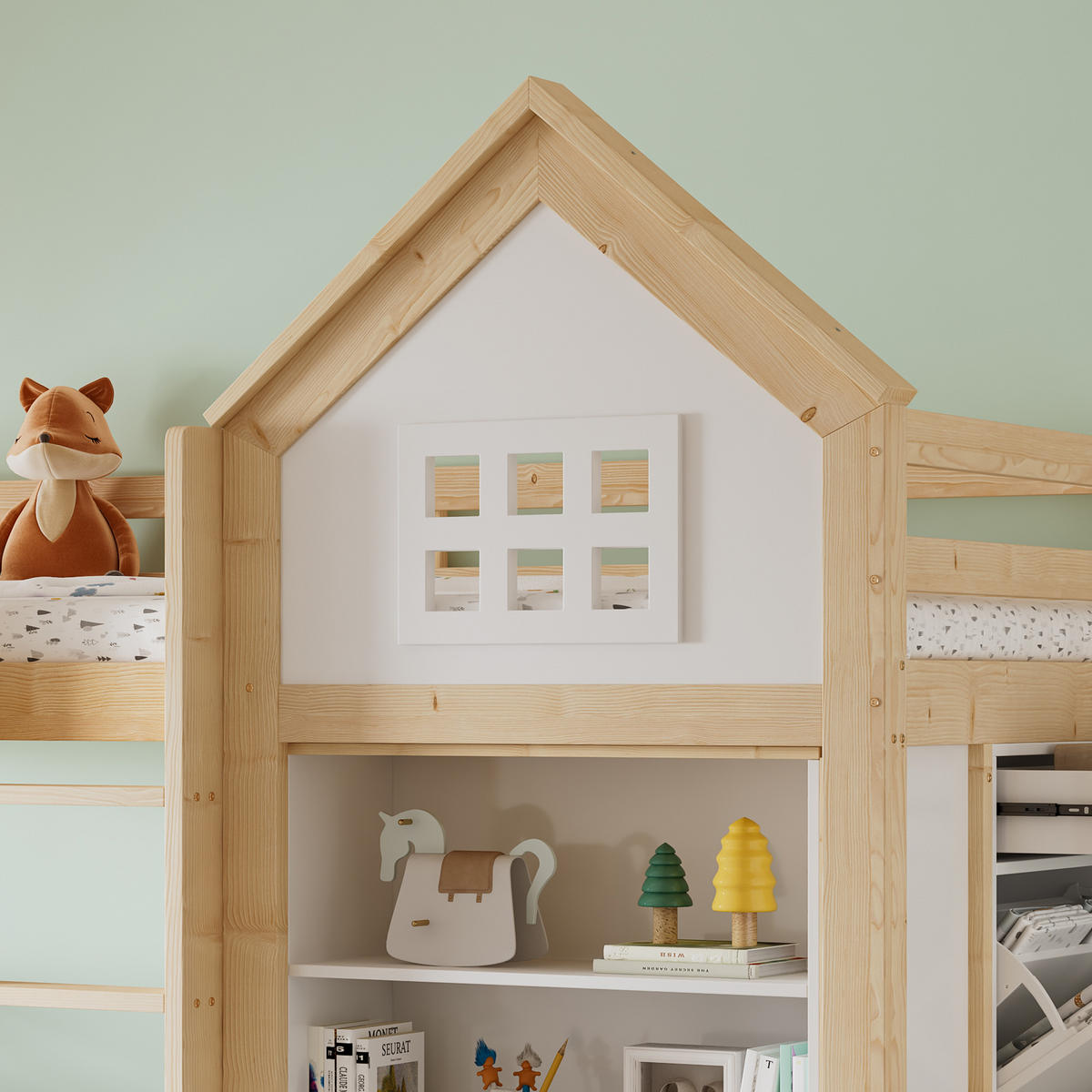 HOCHBETT 90/200 cm in Weiß & Natur Kinderbett mit 3 Schubladen und Staufächern im Haus-Design - Weiß/Naturfarben, Holzwerkstoff (90/200cm) - STILVORA