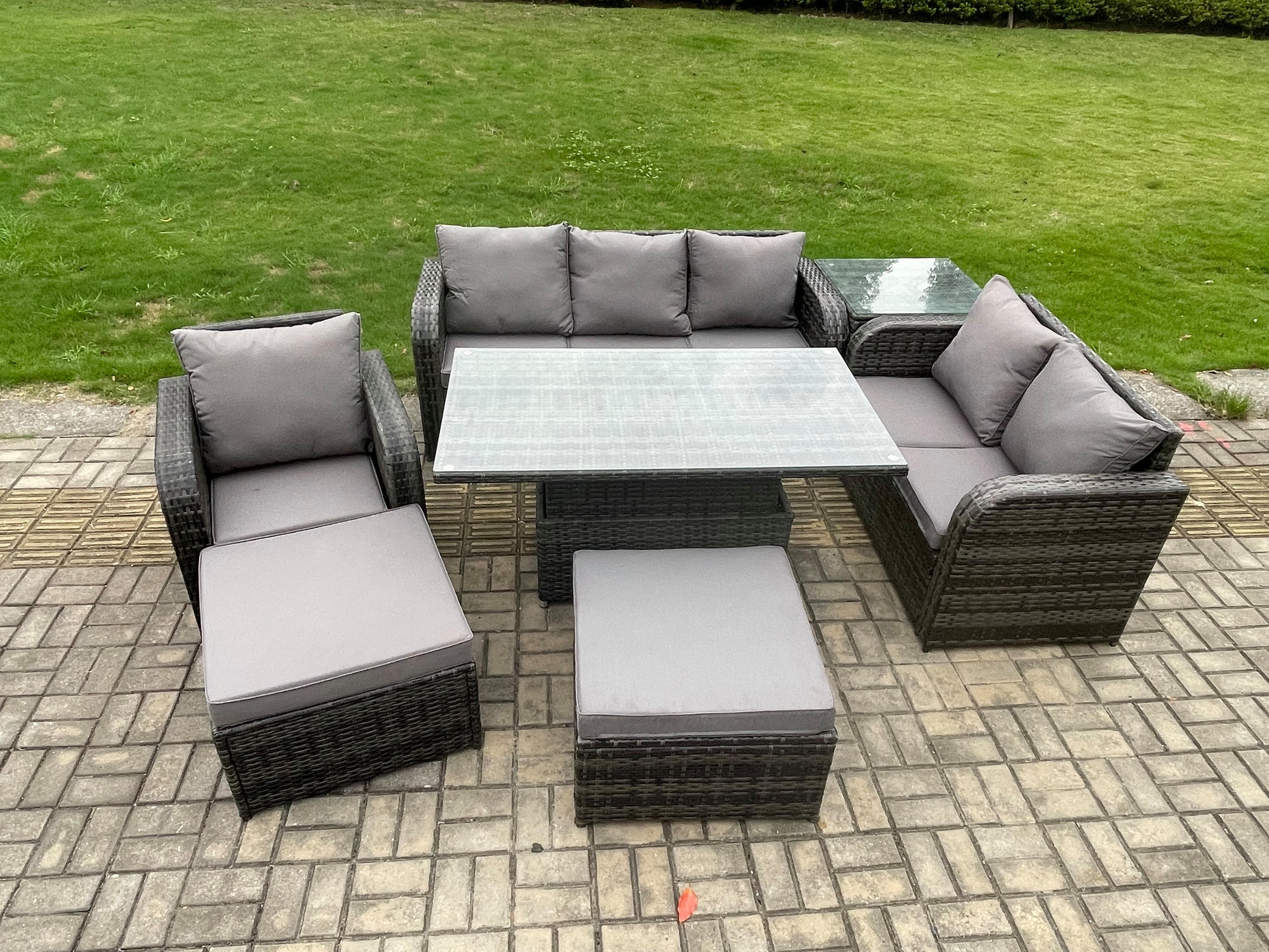 GARTENMÖBEL SET mit Höhenverstellbarer Esstisch 8-Sitzer Grau - Dunkelgrau/Grau, Glas/Kunststoff - Fimous