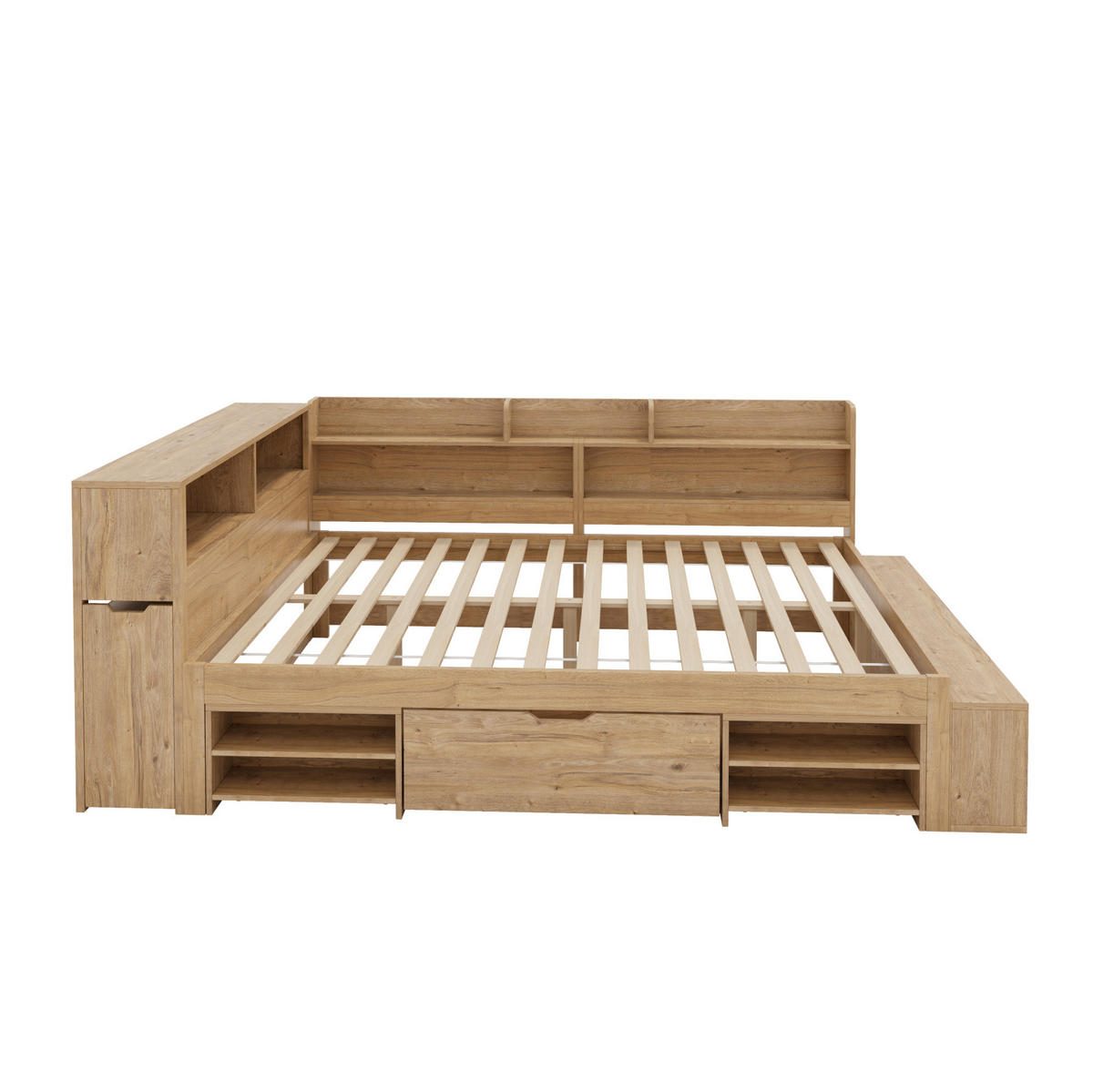 KINDERBETT aus Sperrholz 140x200 cm Naturfarben mit Stauraum, Schublade und Regalen - Naturfarben, Holzwerkstoff (140/200cm) - IVMEU