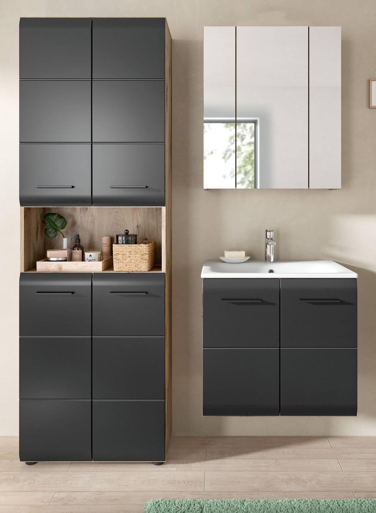 BADMÖBEL-SET 3-teilig schwarz matt, Nox Eiche, Badkombination 135 cm inklusive Waschbecken - Eichefarben/Schwarz, Glas/Holzwerkstoff (135/185/46cm) - Inn.Furn