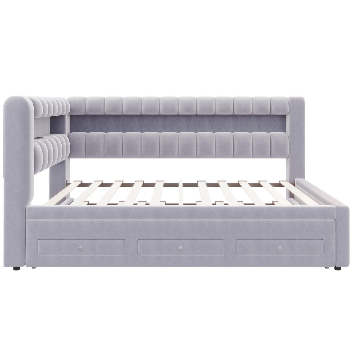 POLSTERBETT Schlafsofa aus Samt 90x190 cm Hellgrau mit Ausziehbett, LED-Beleuchtung, USB-C und Stauraum - Hellgrau, Textil (90/190cm) - Modfu