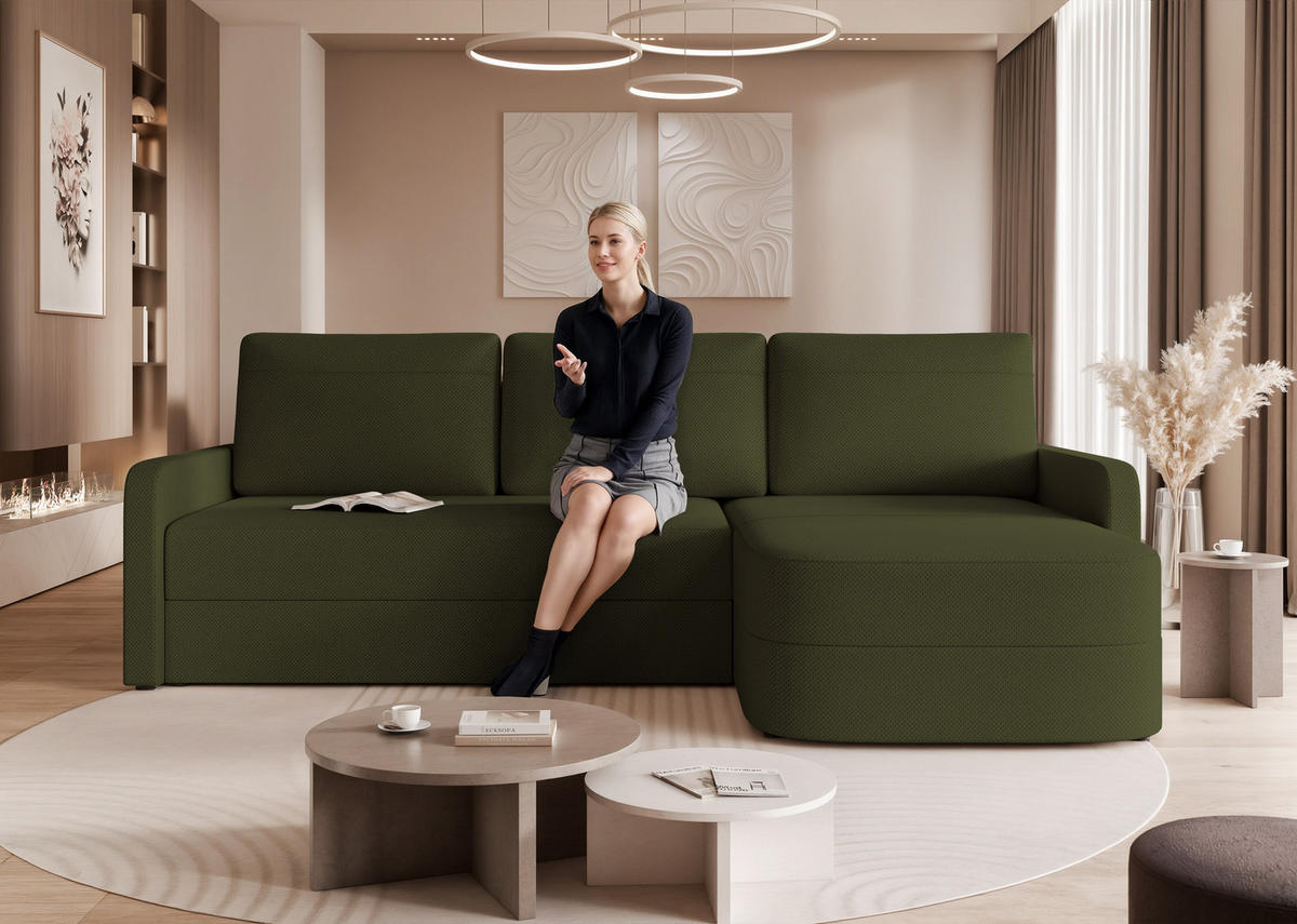 ECKSOFA CERIS mit Schlaffunktion und Bettkasten Grün - Grün, Holzwerkstoff/Kunststoff (250/90cm) - Idohome