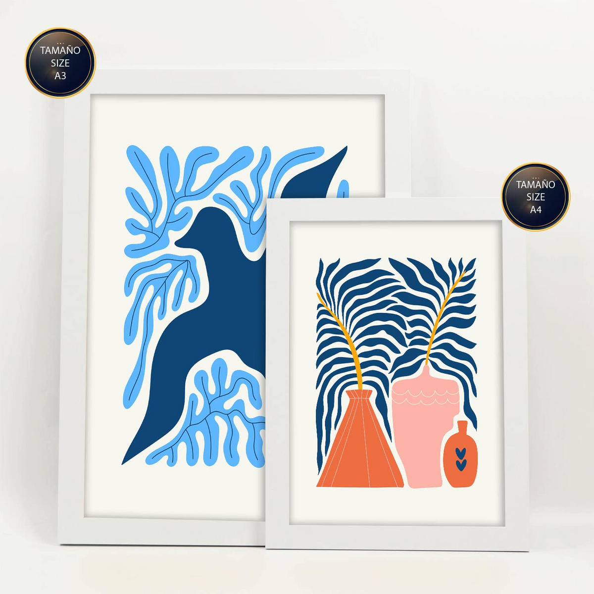 POSTER Set Mit 6 Minimalistischen In Leuchtenden Farben Blaue Blätter Drucke Von Landschaften Und Natur Für Innenarchitektur A3 & A4 Weißer Rahmen - Weiß, Papier (29/3cm) - Nacnic