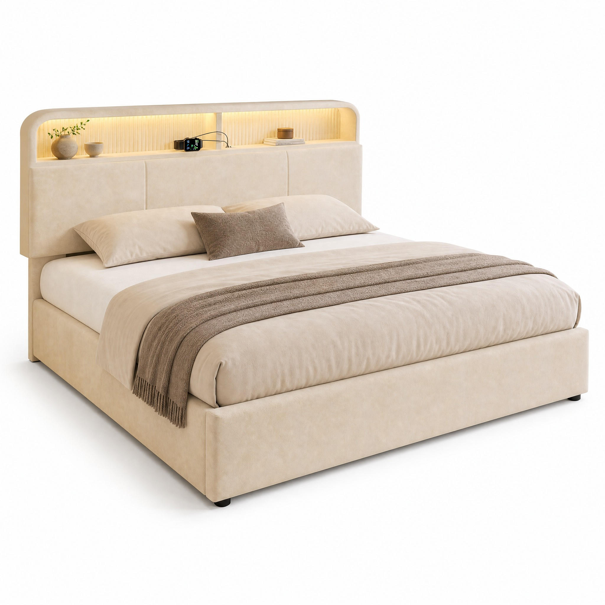 POLSTERBETT 180/200 cm in Beige mit Bettkasten, LED und USB/Type-C Samt - Beige, Holzwerkstoff/Textil (180/200cm) - STILVORA