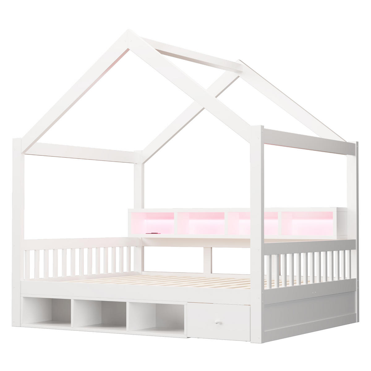 HAUSBETT 140/200 cm mit Dachrahmen, Stauraum und LED, DE-41651, in Weiß - Weiß, Holzwerkstoff (140/200cm) - ComfortXL