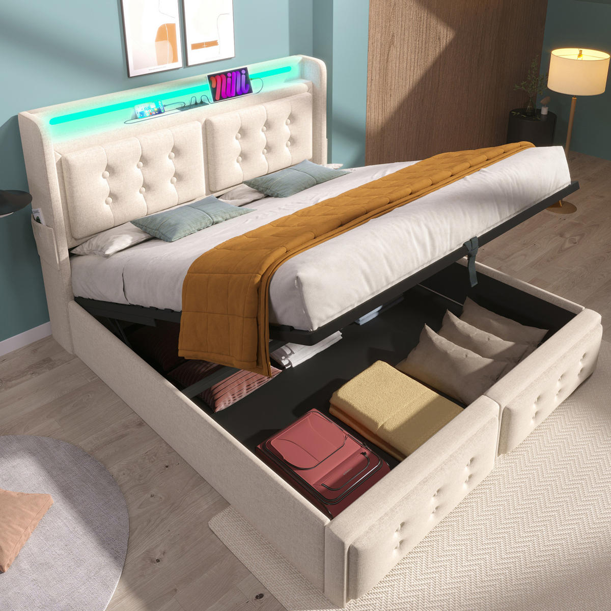POLSTERBETT 180/200 cm in Beige mit LED-Beleuchtung und USB- und Type-C-Anschlüssen - Beige, Textil (180/200cm) - Flora Grace