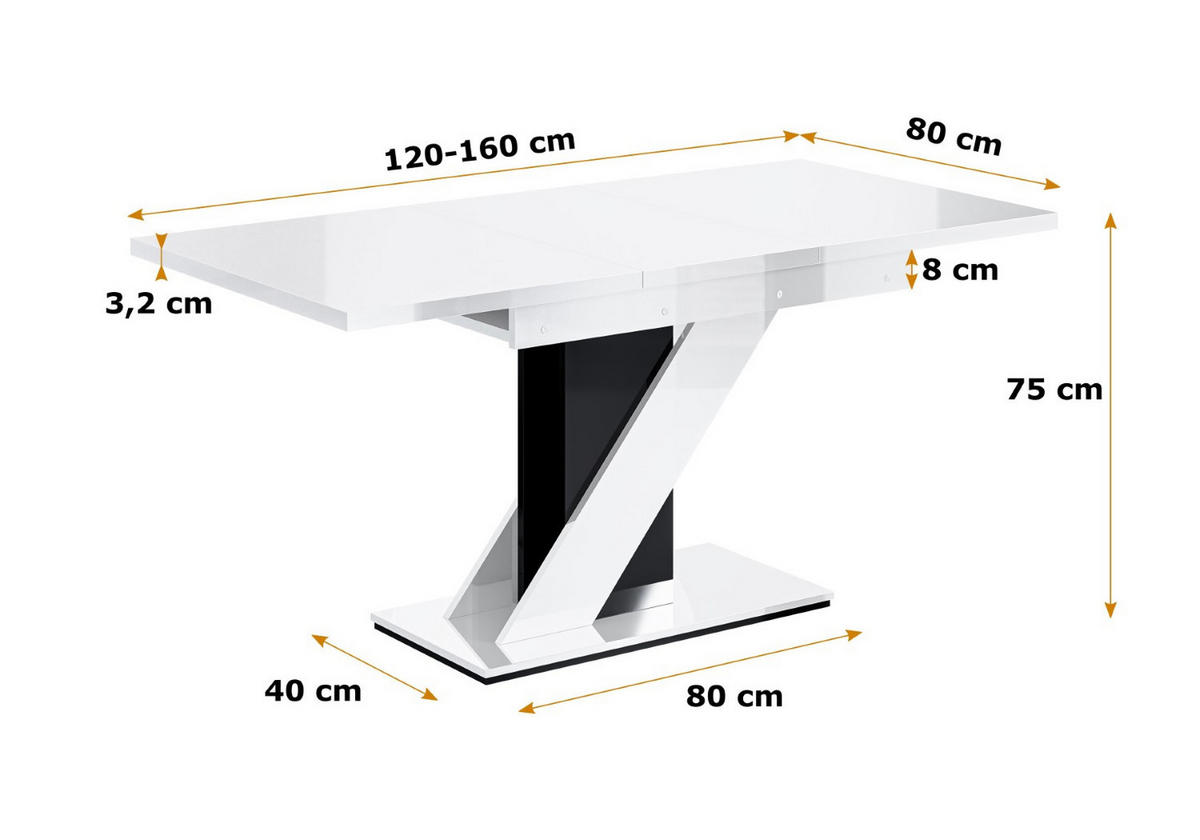 ESSTISCH ausziehbar 120 -160x80x75 cm - Hochglanz Weiß/Hochglanz Schwarz - EVA - Weiß Hochglanz, Holzwerkstoff (120/80/75cm) - ALTDECOR