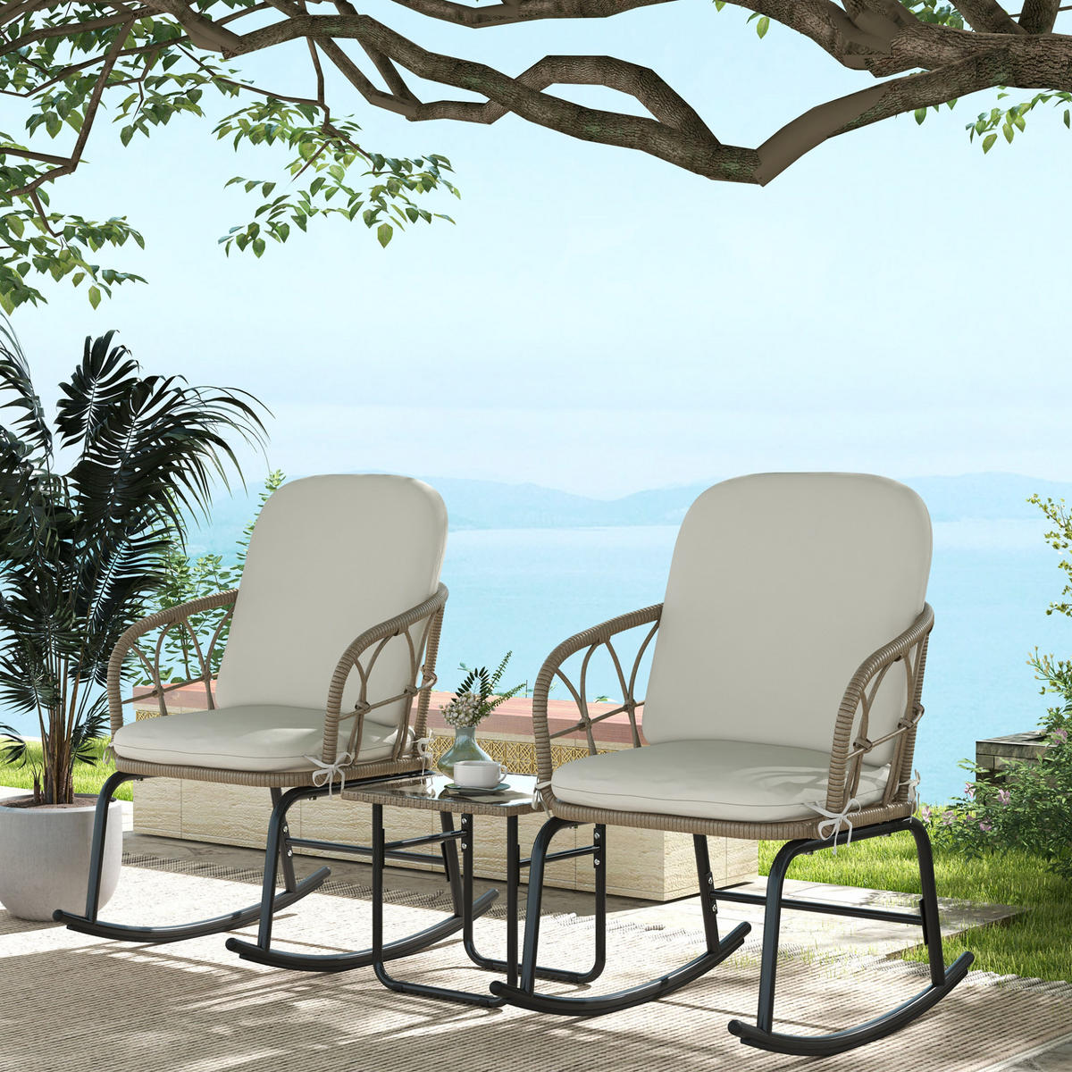 GARTENSET 63/75/82 cm Gelb aus Rattan 3er Set - Beige, Metall - OKMYHOME