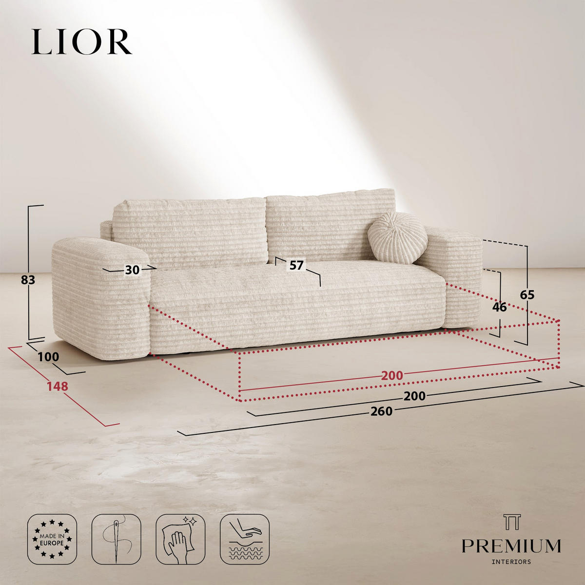 SCHLAFSOFA mit Stauraum LIOR XXL-Cord Schwarz 260cm - Schwarz, Textil (260/83/100cm) - Premium Interiors