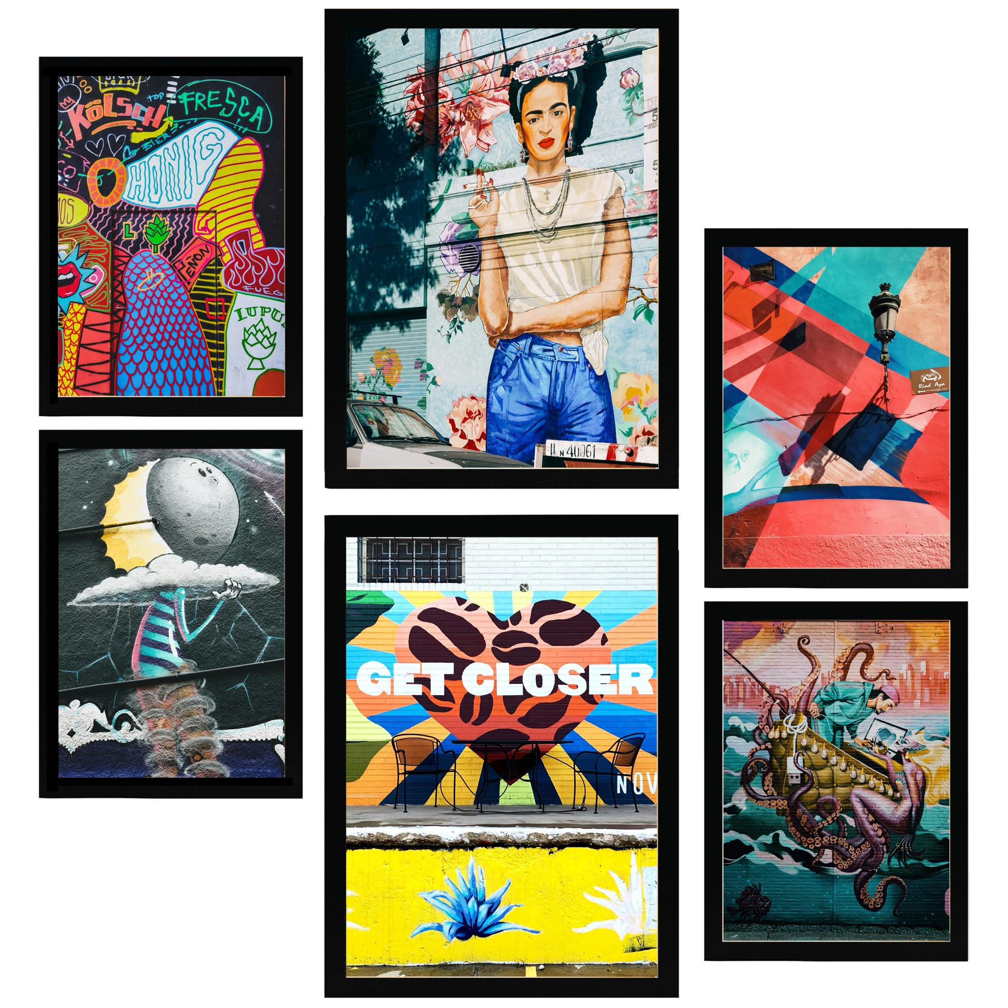 POSTER Set Mit 6 Straßengraffiti Voller Farbe Anspruch Auf Wandgemälde A3 & A4 Schwarzer Rahmen - Schwarz, Papier (29/3cm) - Nacnic