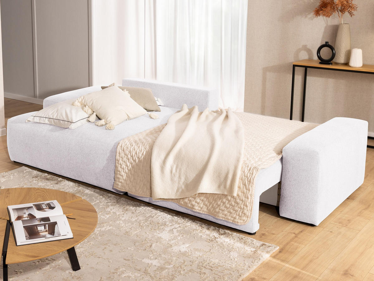 ECKSOFA Lennon aus Creme Strukturstoff mit Schlaffunktion und Bettkasten - Creme/Schwarz, Holz/Kunststoff (137/264cm) - S-Style