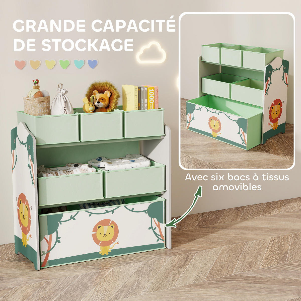 KINDERREGAL DE-17258 3 Ebenen & 6 herausnehmbare Stoffboxen Grün - Grün, Holzwerkstoff (63/66/30cm) - ComfortXL