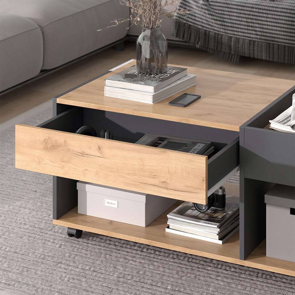 COUCHTISCH Maik Goldkraft Eiche/Anthrazit 110 x 60 cm mit Schublade - Anthrazit/Eiche Wotan, Holzwerkstoff (60/110/49.5cm) - Vicco